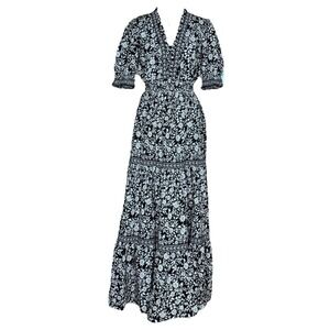 MAX STUDIO Black‎ White  Floral Tiered Maxi Dress Boho Short Sleeve Small EUC